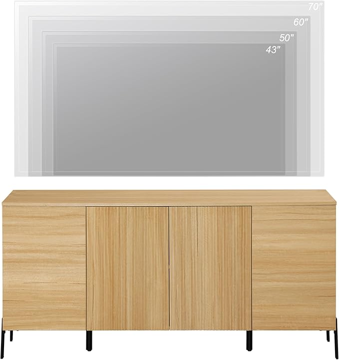 WAMPAT 61.6" TV Stand Cabinets for TVs up to 75 Inches, Entertainment Center with Storage Cabinets and 4 Doors, Mid Century Modern Media TV Console Table for Living Room Bedroom, Oak