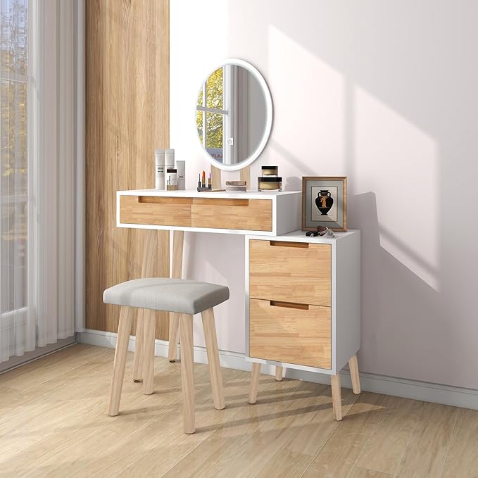 YOURLITE Makeup Vanity Desk with Lights, Small Vanity with 4 Drawers for Small Spaces, Dressing Table Set 3 Colors Adjustable Lighting Brightness Mirror
