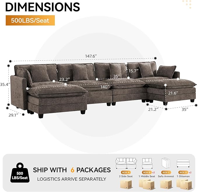 147'' Sectional Cloud Deep Seat Couch, Oversized Chenille U Shaped Sectional Sofa for Living Room Set, Comfy Upholstered Modular Sectional Sofa Couch with Movable Ottoman, Brown