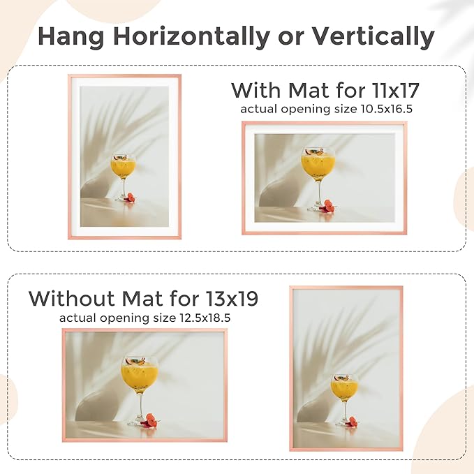 13x19 Metal Picture Frame for Wall With Mat for 11x17, 13''x19'' Aluminum Photo Frames With Tempered Glass for Home Decor, Minimalist Modern Poster Frame Horizontal And Vertical Formats, Rose Gold