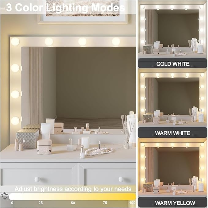 43" W Vanity Desk with Mirror & 11 Lights,Modern Makeup Desk with 5 Drawers & Cushioned Stool,3 Lighting Modes Brightness Adjustable,Power Outlet,Bedroom Dressing Table, White