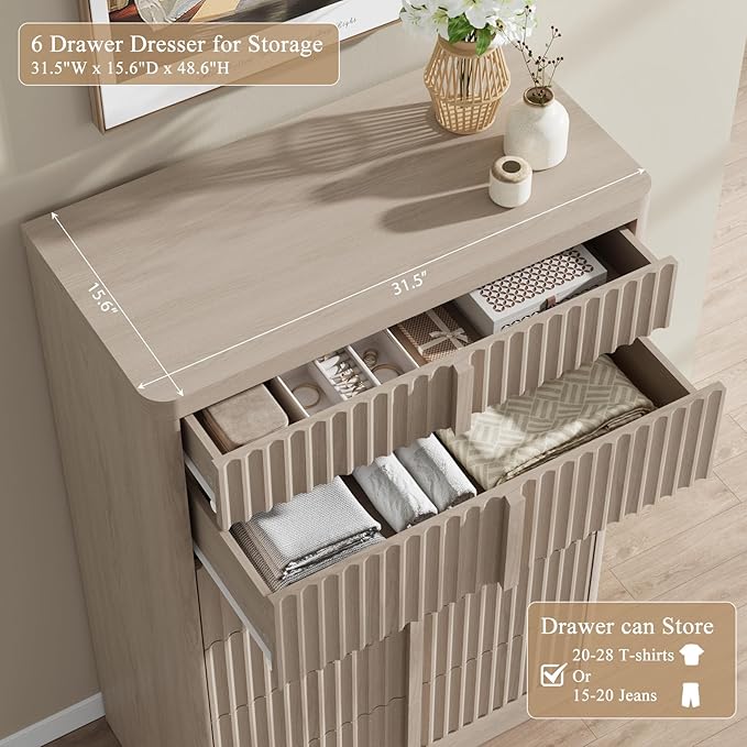Fluted Dresser for Bedroom, 48" Tall 6 Drawer Dresser, Modern Chest of Drawers with Solid Wood Handle, Curved Profile Design, Wood Dressers Storage Organizer, Living Room, Hallway, Natural Oak