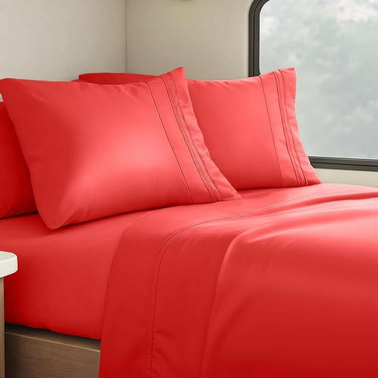 Clara Clark Bed Sheets, Premier 1800 Series 4 Piece RV Queen Sheet Set, Luxury Soft Sheets for RV Bunks, Short Queen - Cherry Red