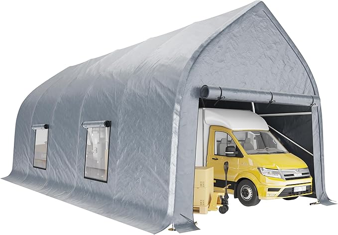 AMERLIFE 12 x 30 FT Walnut-Shaped Outdoor Carport, Heavy Duty Enclosed Carport, UV & Snow Resistant, Roll-Up Doors & Mesh Windows, for Trucks, Boats, Farm Equipment, Events, Silver Gray