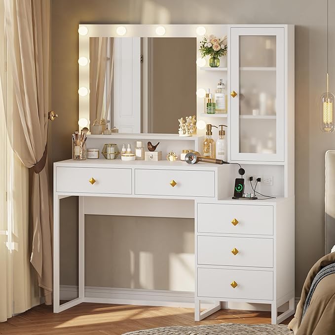 Tiptiper Makeup Vanity Desk with Mirror and Lights & Charging Station, White Vanity Table with 5 Storage Drawer & Glass Door & 3 Shelves for Bedroom, Modern White