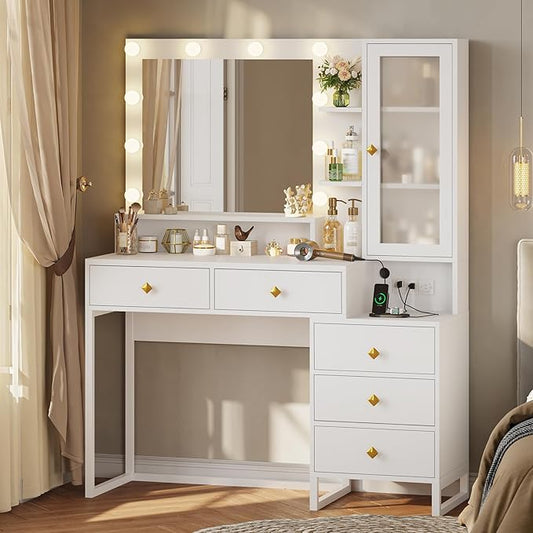 Tiptiper Makeup Vanity Desk with Mirror and Lights & Charging Station, White Vanity Table with 5 Storage Drawer & Glass Door & 3 Shelves for Bedroom, Modern White