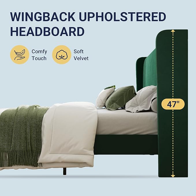 Allewie Queen Size Velvet Platform Bed Frame with Vertical Tufted Wingback Headboard, Easy Assembly, Under Bed Storage, No Box Spring Required, Modern Style, Green