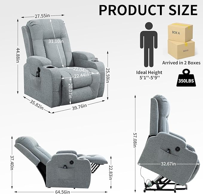 PELUMY Power Lift Recliner Chair for Elderly with Massage & Heat - Heavy Duty Electric Lift Chair, Oversized Recliner, Lay Flat, 8-Point Vibration, Lumbar Heating, USB Port, Cup Holders (Grey)
