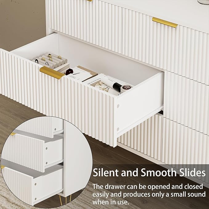 White Dresser for Bedroom, 7 Drawers Dresser with Golden Handles, Modern Wood Chest for Living Room, Hallway, Entryway