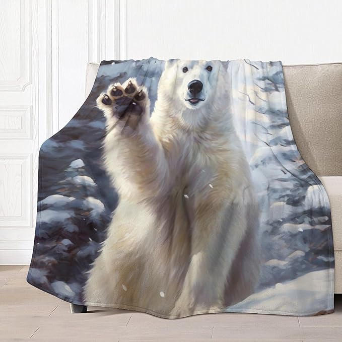 Polar Bear Paw Hello Fleece Throw Blankets Twin Size -Thick Fuzzy Warm Soft Twin Large Winter Blanket Throws for Bed 70x80 in