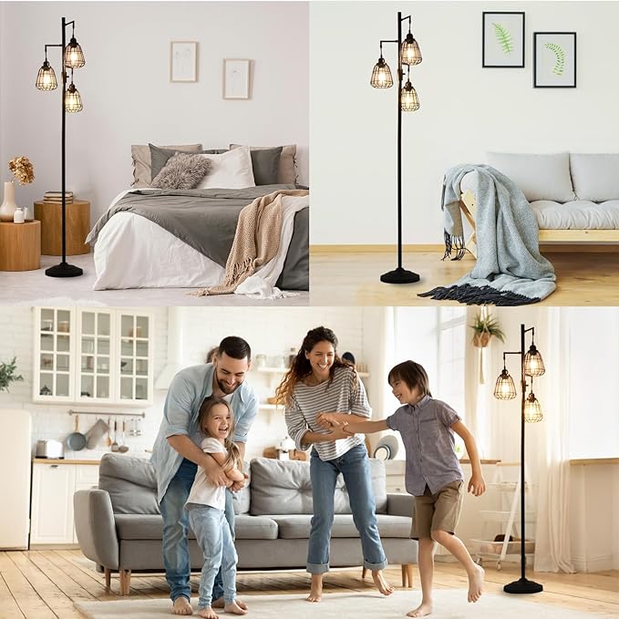 9MMML 68” Living Room Floor Lamp, Industrial Farmhouse 3 Teardrop Cage Standing Lamp,Black Tall Floor Lamp for Bedroom Office, 3 LED Edison Bulbs Included