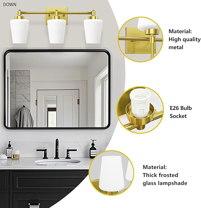 Bathroom Vanity Light Fixtures Brushed Brass Over Mirror with Milk Glass Shade Wall Sconce Lighting Lamp Bath 3-Lights (Exclude E26 Bulb)