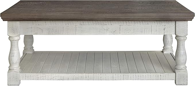 Signature Design by Ashley Havalance Farmhouse Lift Top Coffee Table with Fixed Shelf and 2 Hidden Storage Trays, Gray & White with Weathered Finish