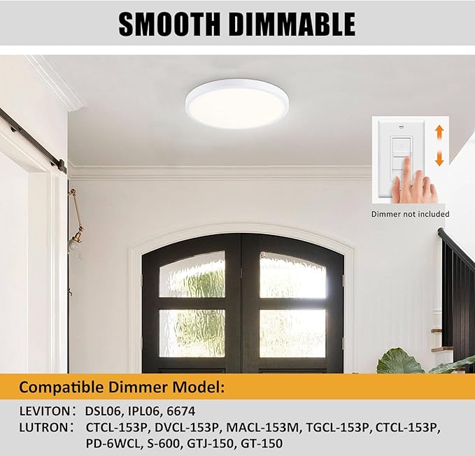 14 Inch LED Flush Mount Ceiling Light, Slim Dimmable Ceiling Light for Kitchen, Bedroom, Metal and Glass, Low Ceiling, White, 26W, 3000K, 2 Pack