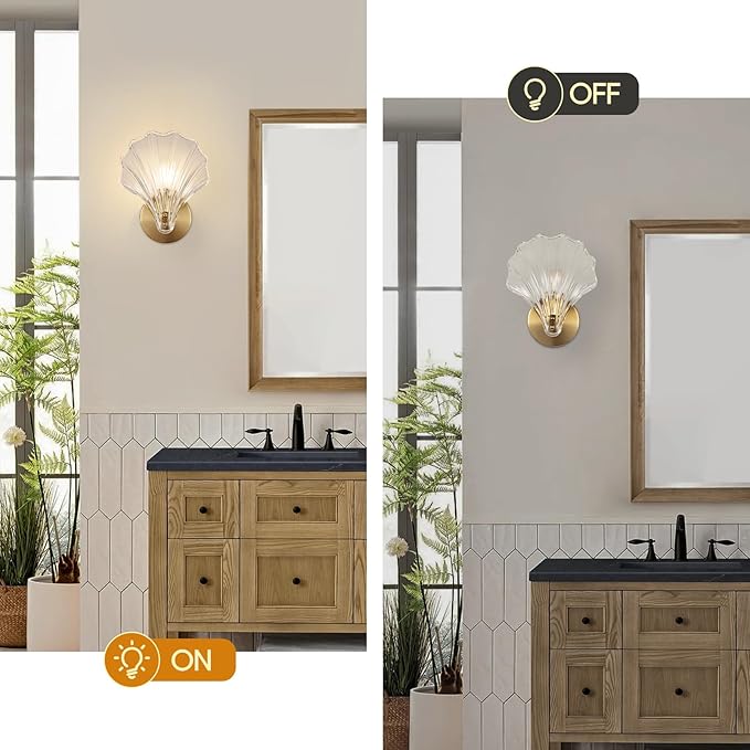 2 Pack Gold Glass Wall Sconces Crystal Wall Light with Clear Shell Shaped Glass Shades, Mid Century Gold Vanity Light Brass Bathroom Light Fixtures Beside The Mirror for Bedroom Porch Indoor