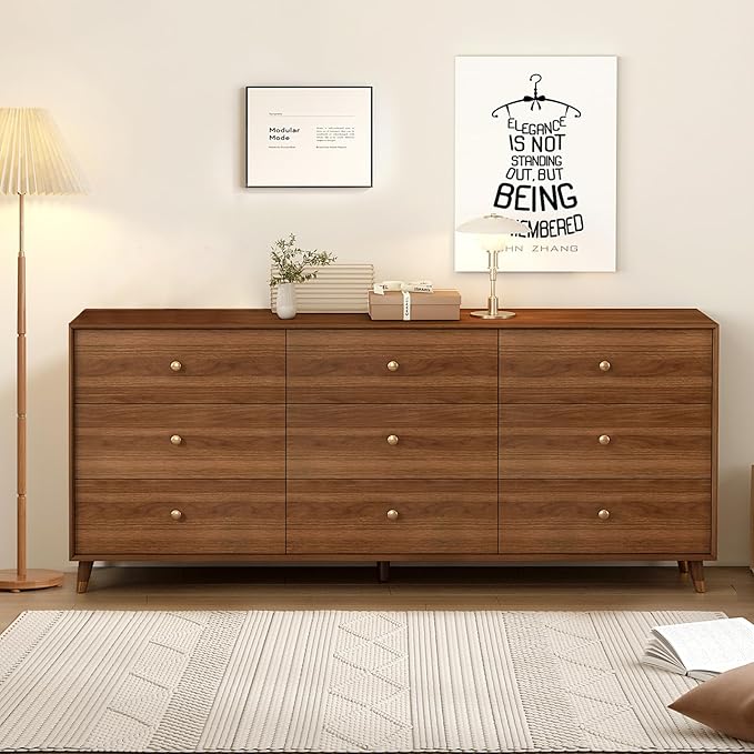 Mid Century Modern 9-Drawer Dresser, 63 Inch Wide Solid Wood Frame Chest, Walnut Finish, Beveled Design, Heavy-Duty Drawer Glides, Storage Cabinet for Bedroom, Living Room, TV Stand
