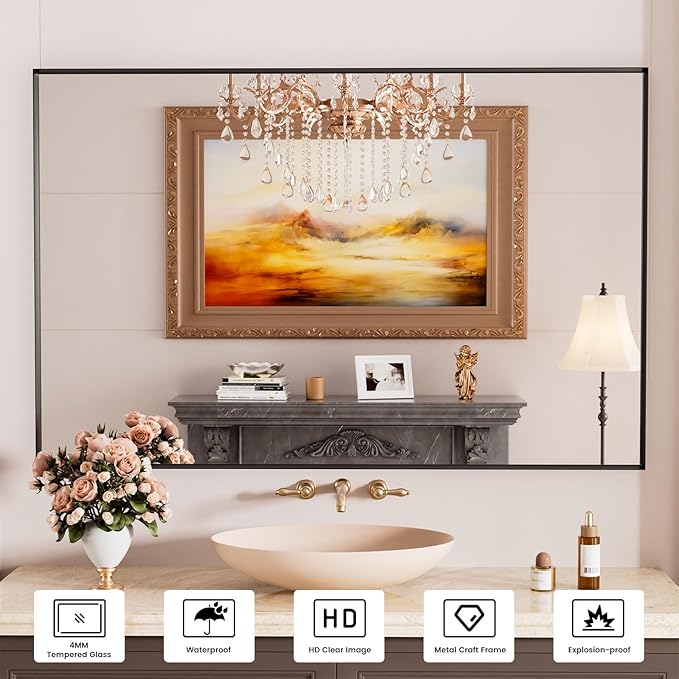 Bathroom Mirror Black,55x36 Inch Large Matte Black Bathroom Vanity Mirror,Rectangle, Square Corner, Anti-Rust,Shatter-Proof, Bedroom, Living Room, Entryway, Wall-Mounted(Horizontal/Vertical)