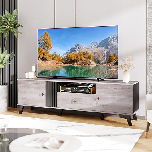 Giantex Mid Century ModernTV Stand for 65-80 Inch TV, Wood Entertainment Center with Storage Drawer, 2 Side Cabinet &Open Shelf, TV Console Table for Bedroom, Living Room