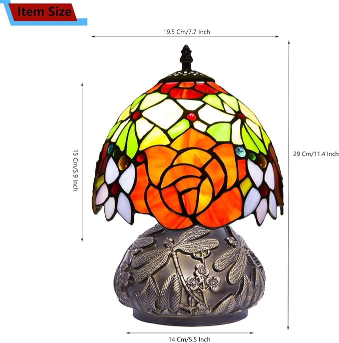 Small Tiffany Stained Glass Lamp, 3 Color Temperatures Bedside Lamp, 8 Inch Mushroom Desk Light for Bedroom Living Room Office Home Decor (Two-Color Rose)