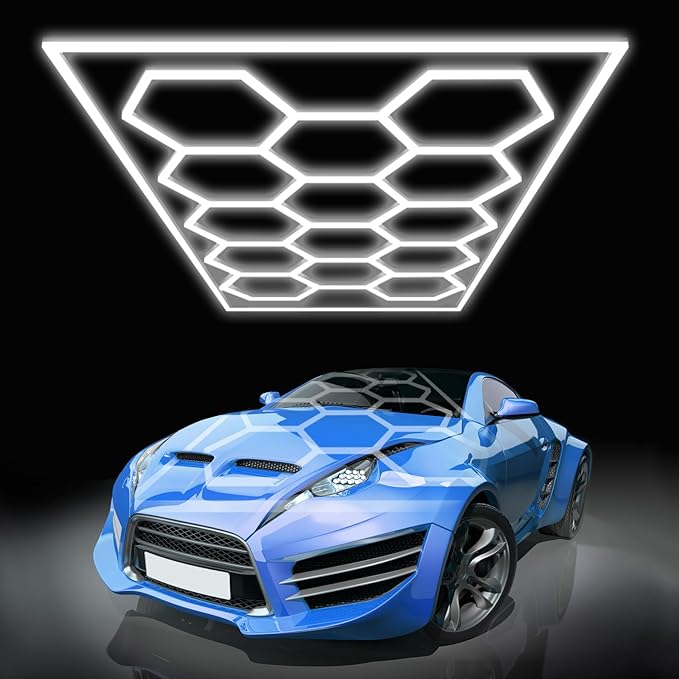 Hexagon Led Lights, Hexagon Garage Lights, 14 Grids High Brightness 680W 88400 Lumens Honeycomb Lights Ceiling for Auto Beauty Detailing Shop,Exhibition Hall, Gym