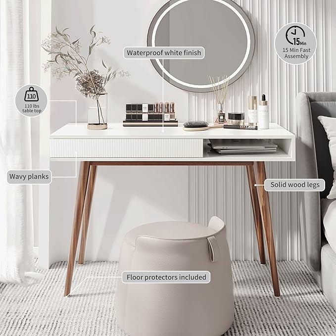 Artswish White Writing Desk with Drawers Mid Century Modern Desk, Wood Office Computer Desks for Small Space, White Desks with Walnut Legs