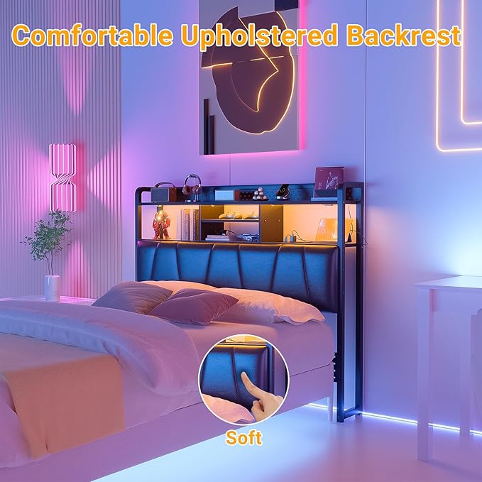 Unikito Headboard for Full Size Bed Frame, Upholstered Head Board with Outlets, USB Ports and LED Light, Comfortable Leather Headboards with Storage Shelf, Sturdy Full Bed Headboard Only, Black