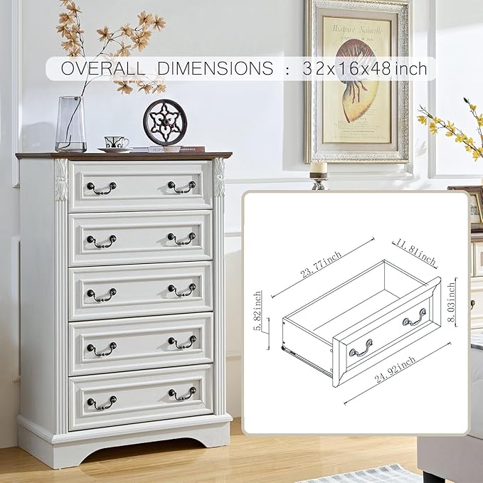 Modern 5 Drawer Dresser, Dressers for Bedroom, Wood Rustic Tall Chest of Drawers with Carved Wood Pilasters, Farmhouse Dressers Organizer for Bedroom, Hallway, Antique White