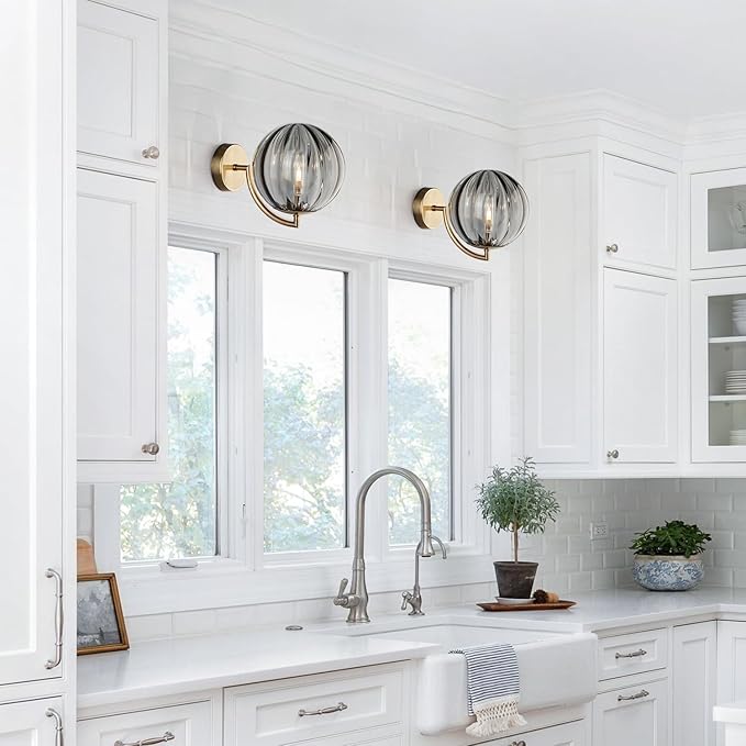 KCO Lighting Mid Century Modern Wall Mount Light Gold Wall Sconces Set of 2 Vintage Smoked Glass Wall Sconces Set of Two Farmhouse Bathroom Vanity Light Fixtures Brass Wall Sconce Globe Lamp