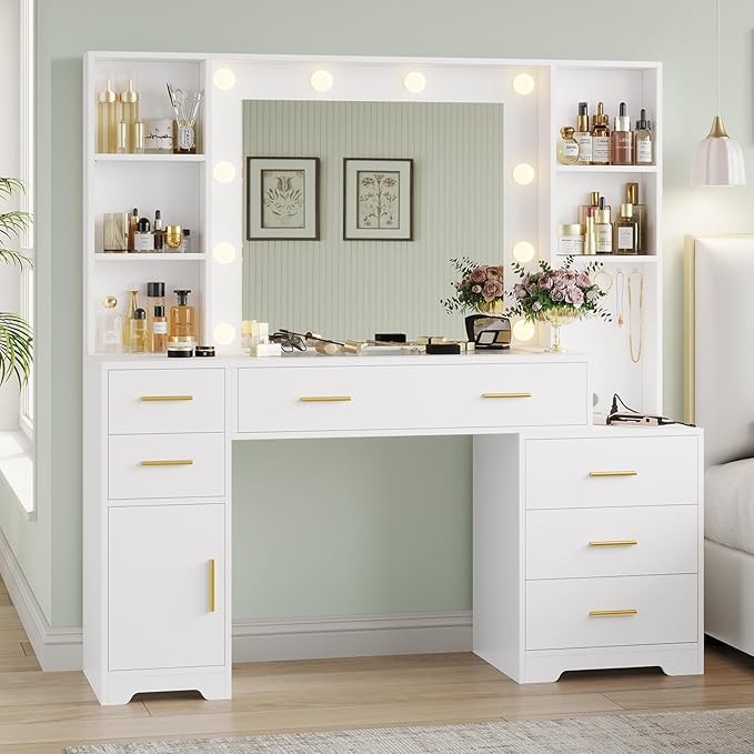 Hasuit 48.8'' Large Vanity Desk with Lighted Mirror & Power Outlet, White Makeup Vanity Table with 6 Drawers, 4 Shelves and 1 Storage Cabinet, Glass Tabletop Bedroom Dressing Table, 3 Lighting Modes