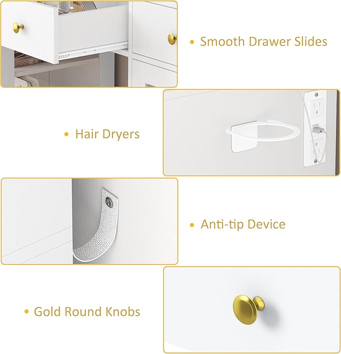 Vanity Desk with Mirror and Lights, White Makeup Vanity Mirror with Lights Desk, Dressing Table with RGB Cabinet & 3 Drawers, Makeup Desk with Storage Shelves for Girls Bedroom, 3 Color Modes