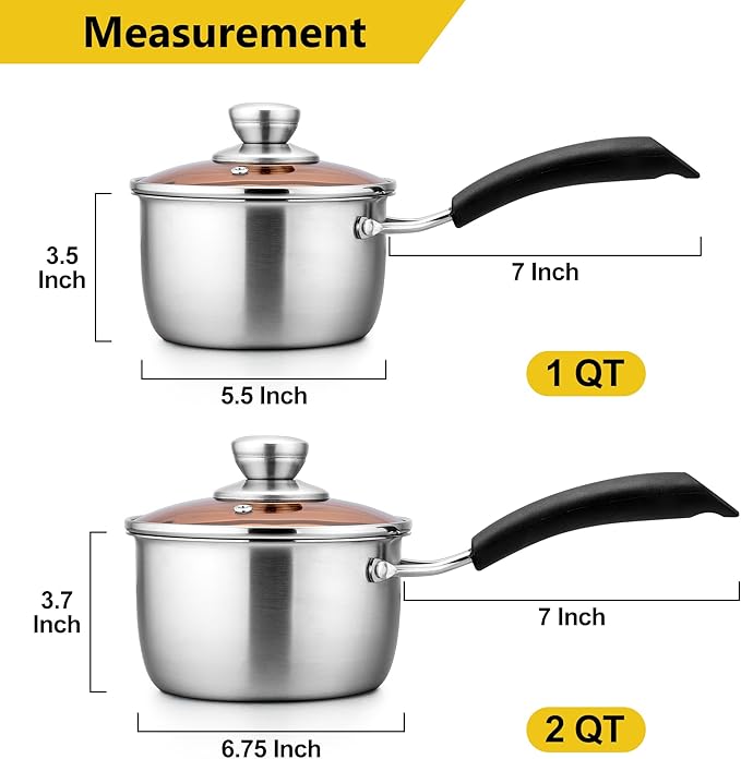 E-far Saucepan with Lid Set, 1 Quart and 2 Quart Stainless Steel Sauce Pan, Multipurpose Small Pot Set for Home Kitchen Restaurant Cooking, Easy Clean & Rust Free, Dishwasher Safe