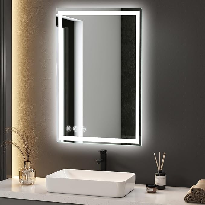 24"x 36" LED Bathroom Mirror with Stepless Dimmable Wall Mirrors with Anti-Fog, Dimmable CRI>90, Vanity Mirror with 3 Color Modes, Shatter-Proof, Memory Bathroom Mirror with LED Lights