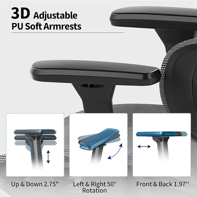 Ergonomic Mesh Office Chair with 3D Adjustable Armrest,High Back Desk Computer Chair Ergo3d Ergonomic Chairs with Wheels for Home & Office Darkgrey