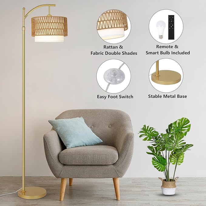 Gold Floor Lamps for Living Room with Remote & Dimmable LED Bulb, Modern Arc Floor Lamp with 3 Color Temperatures, Boho Standing Lamp with Rattan & Fabric Shades, Adjustable Tall Lamp for Bedroom