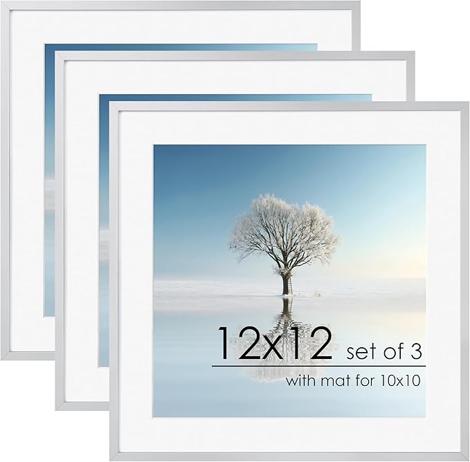 12x12 Frame | Metal Square Picture Frame With Tempered Glass | 12x12 Frame With Mat For 10x10 | Minimalist Modern Poster Frame | Hanging Hardware Included | Silver, 3Pcs