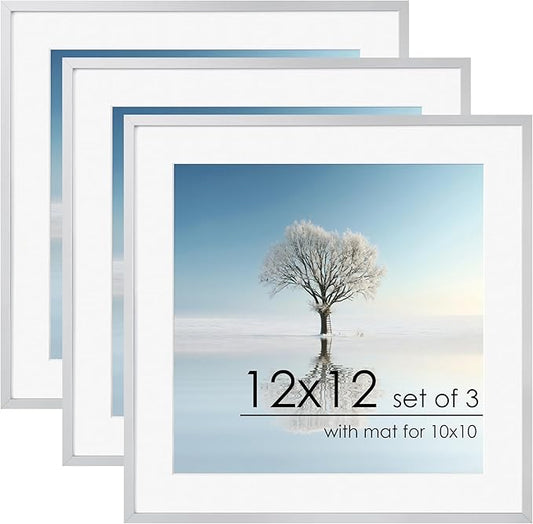 12x12 Frame | Metal Square Picture Frame With Tempered Glass | 12x12 Frame With Mat For 10x10 | Minimalist Modern Poster Frame | Hanging Hardware Included | Silver, 3Pcs