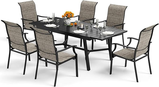 7 Piece Outdoor Dining Set for 6, 61.4"x37.4"x29.5" Rectangular Extendable Dining Table and 6 Textilene Patio Dining Chairs Outdoor Table and Chairs for Patio Lawn Garden Deck Backyard