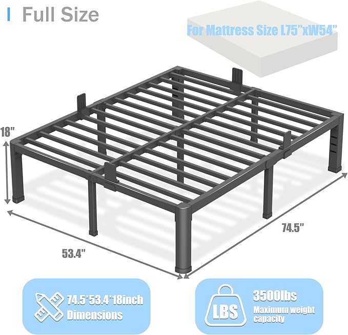 18 inch Full Size Bed Frame with Round Corner Legs and Headboard Hole Mattress Slide Stopper 3500 lbs Heavy Duty Metal Platform,Steel Slat Support,No Box Spring Needed,Easy Assembly,Noise Free