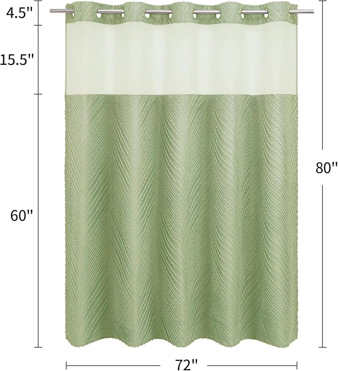 Sage Green Long Shower Curtain 72 x 80, No Hook 80 inch Long Farmhouse Fabric Shower Curtain Set with Snap-in Liner, Hotel Style Shower Curtain with See Through Top Window