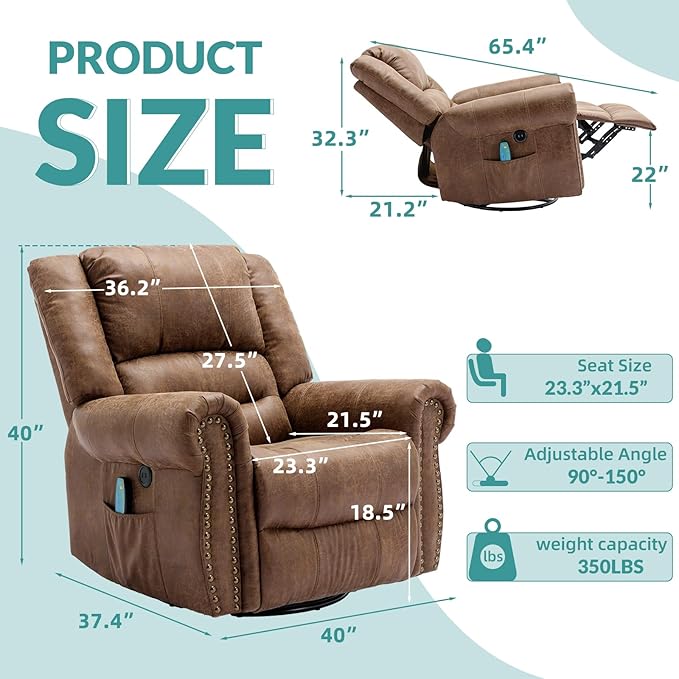 MEETWARM Massage Swivel Rocker Recliner with Heat and Vibration, Manual Glider Rocking Recliner Chair, 360°Swivel Lounge Reclining Chair with Remote Control/USB Ports for Living Room(Brown)
