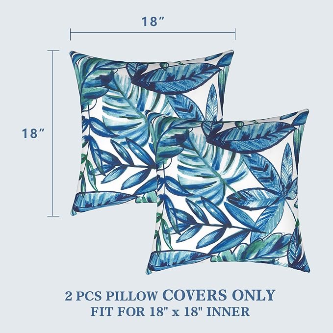 LVTXIII Outdoor Pillow Covers ONLY, Square Throw Pillow Covers, Modern Cushion Cases for Sofa Patio Couch Decoration 18 x 18 Inch, Pack of 2, Leaves Ink Blue
