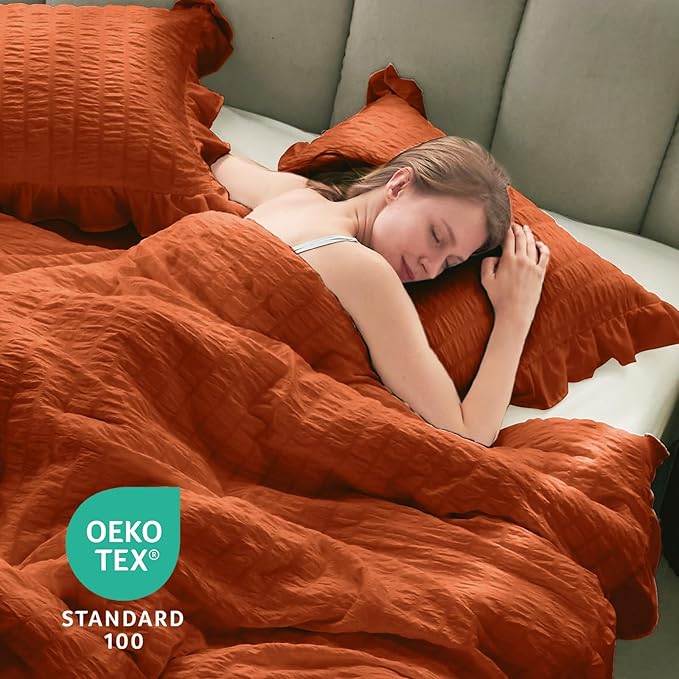 JOLLYVOGUE Burnt Orange Twin Size Comforter Set, 2 Pieces Seersucker Lightweight Fluffy Bedding Set, Twin Ruffle Comforter, All Season Soft Microfiber Shabby Chic Bed Set