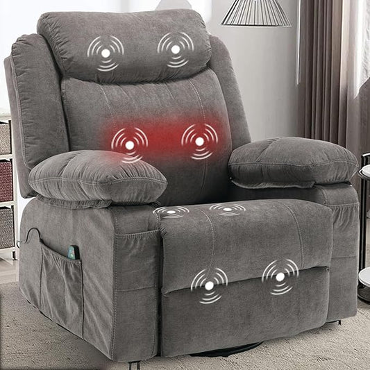 Rocker Recliner Chair with Massage and Heat, Overstuffed Swivel Recliners, Oversized Fabric Recliners Singl Sofa Manual Reclining Home Theater Lounge Chairs for Living Room Adults, Grey
