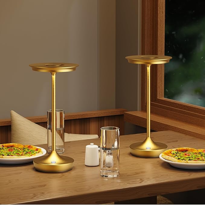 2 Pack LED Rechargeable Cordless Table Lamps, Portable Outdoor Battery Operated Table Light 3 Color Stepless Dimming Table Lamp with Memory Function for Patio Restaurant Dining Room Gold