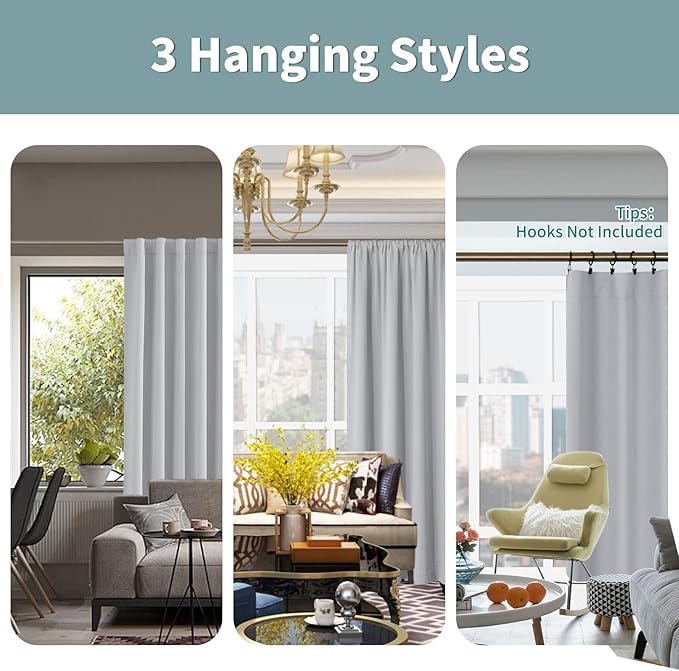 BGment Light Grey 100% Blackout Curtains 63 Inches Long with Reducing Noise Liner, Soundproof Curtains Rod Pocket Back Tab Room Darkening Window Curtain for Bedroom, 2 Panels, Each 52 x 63 Inch