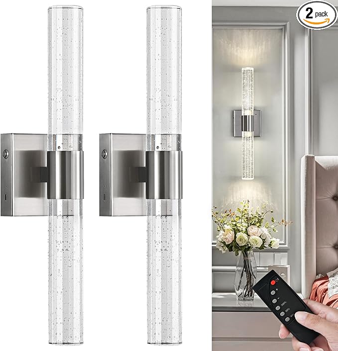 Wireless Wall Sconces Set of Two Battery Operated, 4000K Dimmable Crystal LED Bathroom Sconces Wall Lighting Modern Indoor Nickel Wall Lights for Bedroom Living Room