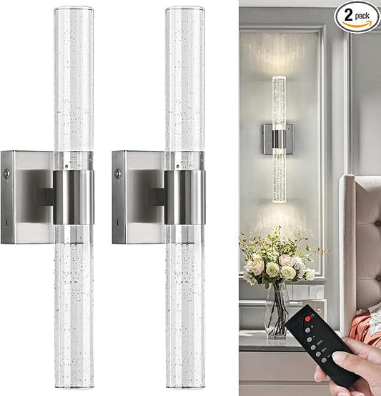 Wireless Wall Sconces Set of Two Battery Operated, 4000K Dimmable Crystal LED Bathroom Sconces Wall Lighting Modern Indoor Nickel Wall Lights for Bedroom Living Room