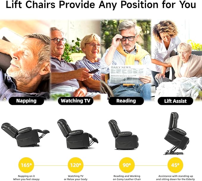 Large Power Lift Chair Recliner for Elderly with Heated and Massage, Overstuffed Adjustable Lift Chair, 3 Position, Breathable Leather, USB-A&USB-C, Cup Holder (Tall Man-7523, Black)
