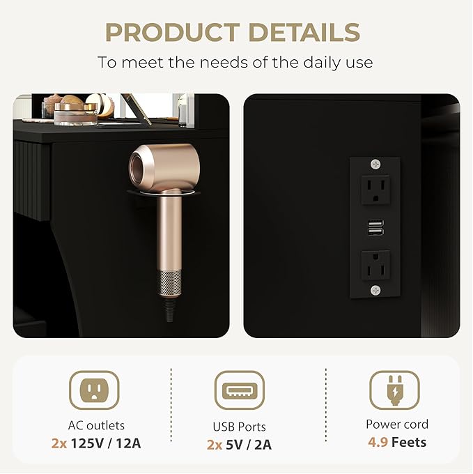 Black Vanity, Small Vanity Desk with Mirror and Lights, Makeup Vanity Desk with 3 Color Modes Adjustable Bulb, 2 Large Drawers and 4 Open Storage Shelves, Vanity with Chair for Bedroom