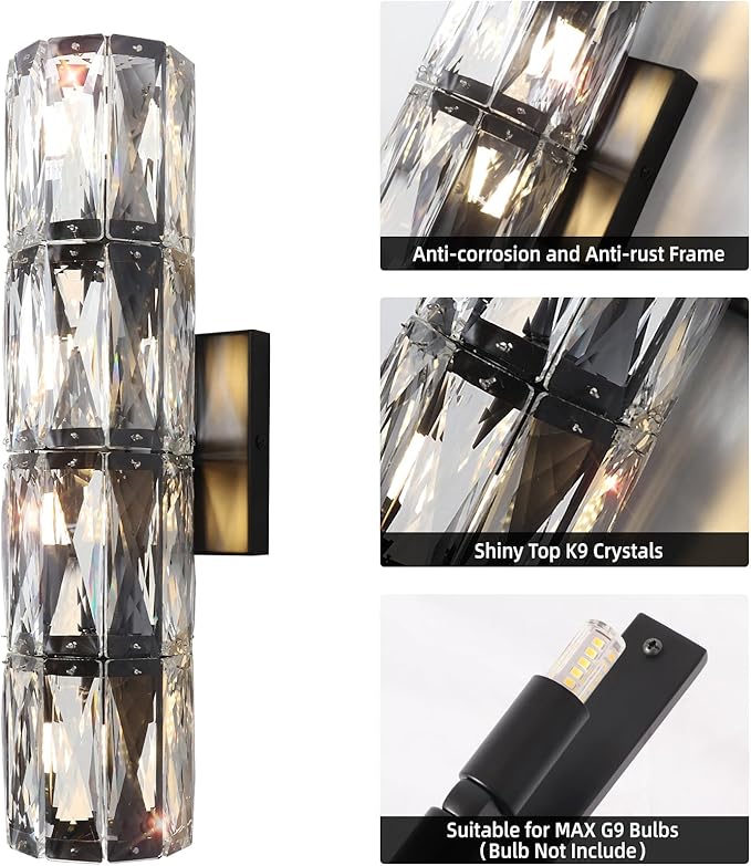 Crystal Wall Sconce Set of Two,Indoor Modern Sconces Wall Lighting,Black Wall Sconces for Bathroom,Bedroom,Living Room,Hallway